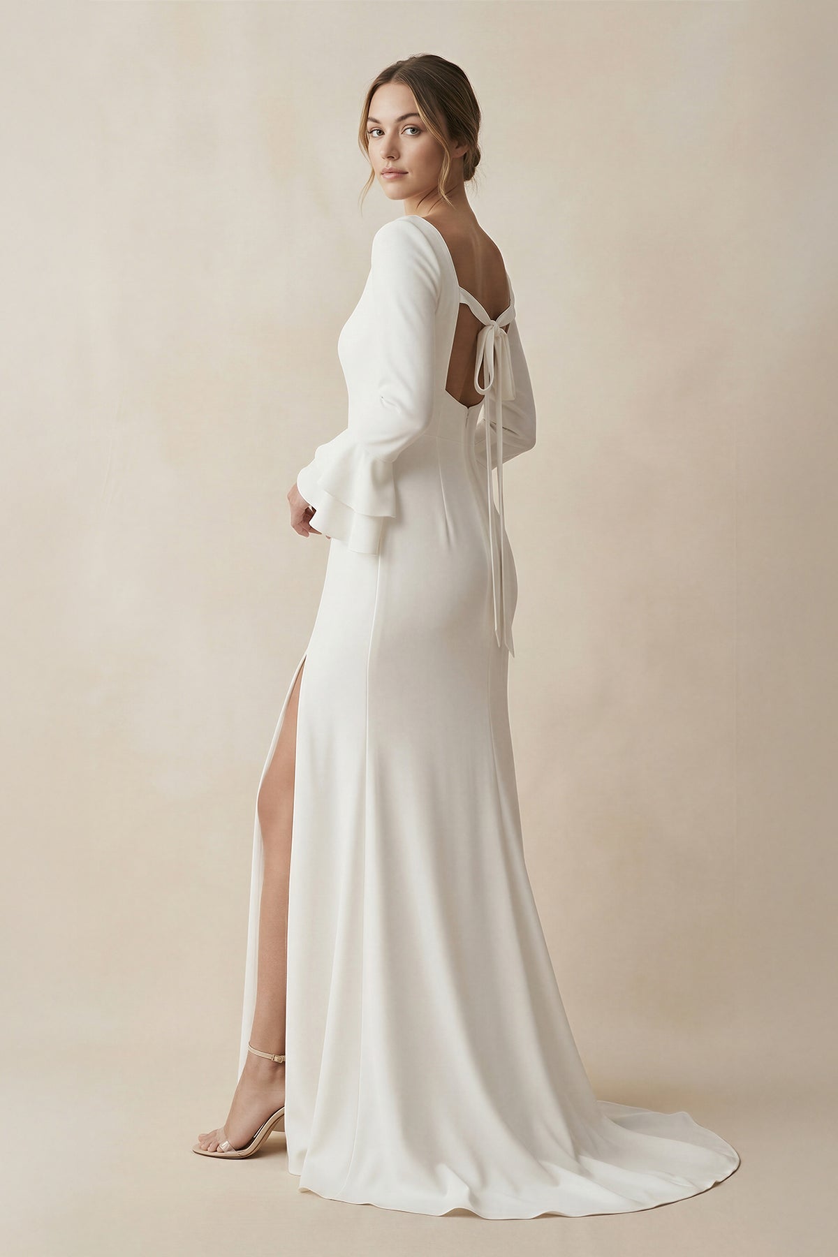 Sheisme | Square Neck Long Sleeve Organza Wedding Dress With Slit