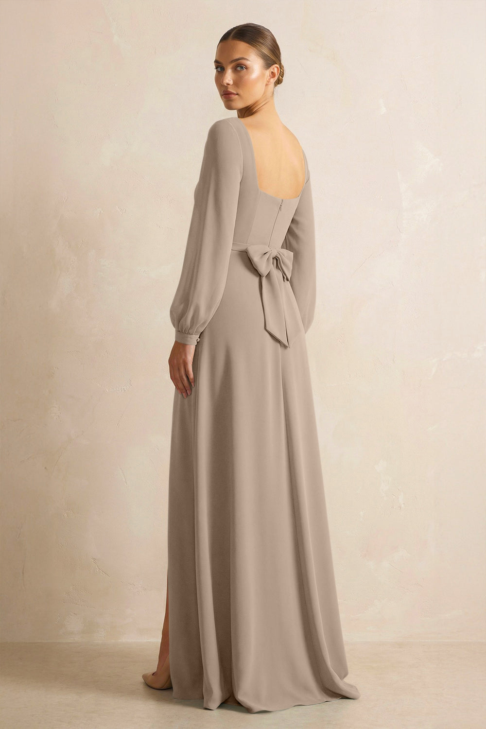 Square Neck Long Sleeves Chiffon Sheath Bridesmaid Dress in Almond