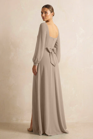 Square Neck Long Sleeves Chiffon Sheath Bridesmaid Dress in Almond (2) | KISSBRIDAL