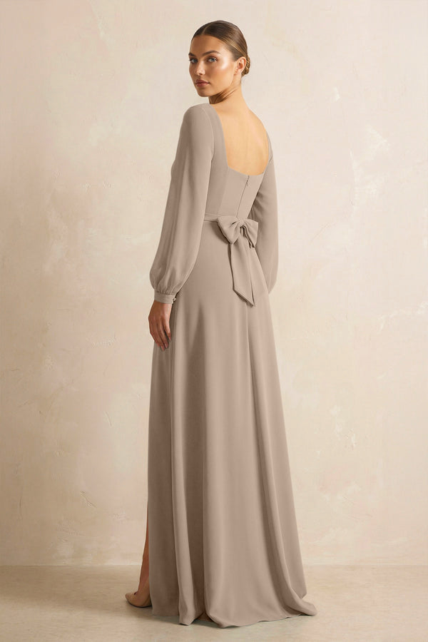 Square Neck Long Sleeves Chiffon Sheath Bridesmaid Dress in Almond (2) | KISSBRIDAL
