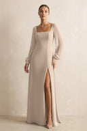 Square Neck Long Sleeves Chiffon Sheath Bridesmaid Dress in Almond - SHE IS ME Bridesmaid Dresses