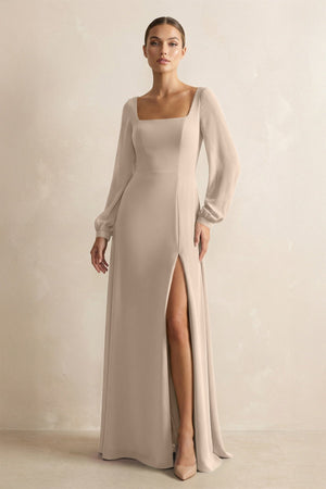 Square Neck Long Sleeves Chiffon Sheath Bridesmaid Dress in Almond - SHE IS ME Bridesmaid Dresses