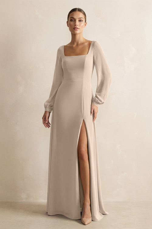 Square Neck Long Sleeves Chiffon Sheath Bridesmaid Dress in Almond - SHE IS ME Bridesmaid Dresses