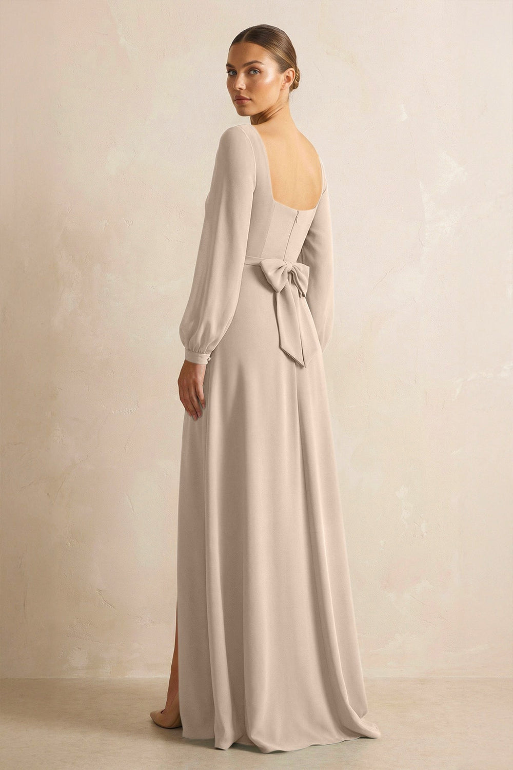 Square Neck Long Sleeves Chiffon Sheath Bridesmaid Dress in Almond - KISS BRIDAL Bridesmaid Dresses