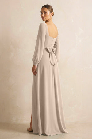 Square Neck Long Sleeves Chiffon Sheath Bridesmaid Dress in Almond - SHE IS ME Bridesmaid Dresses