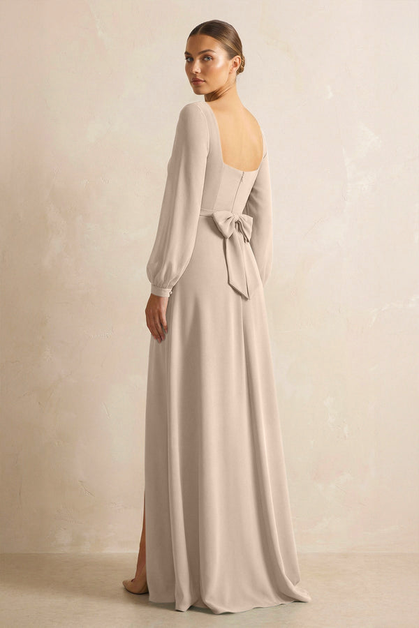 Square Neck Long Sleeves Chiffon Sheath Bridesmaid Dress in Almond - SHE IS ME Bridesmaid Dresses