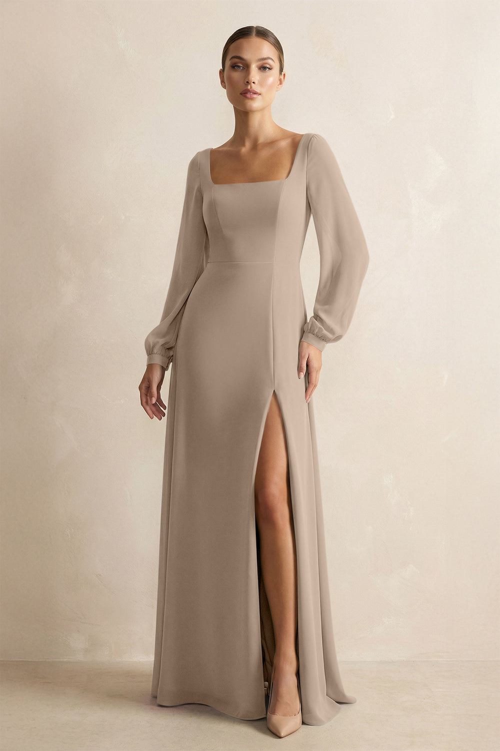 Square Neck Long Sleeves Chiffon Sheath Bridesmaid Dress in Almond