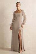 Square Neck Long Sleeves Chiffon Sheath Bridesmaid Dress in Almond | KISSBRIDAL