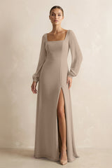 Square Neck Long Sleeves Chiffon Sheath Bridesmaid Dress in Almond | KISSBRIDAL