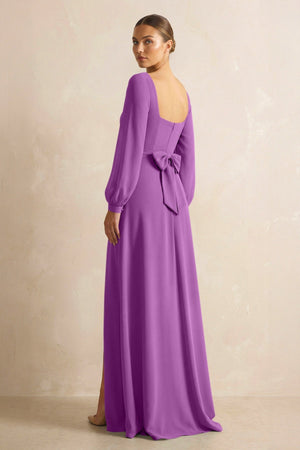 Square Neck Long Sleeves Chiffon Sheath Bridesmaid Dress in Amethyst - SHE IS ME Bridesmaid Dresses