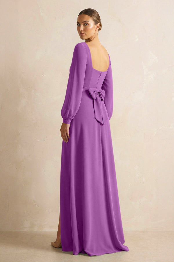 Square Neck Long Sleeves Chiffon Sheath Bridesmaid Dress in Amethyst - SHE IS ME Bridesmaid Dresses