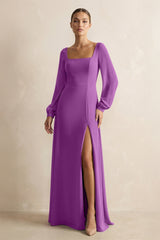 Square Neck Long Sleeves Chiffon Sheath Bridesmaid Dress in Amethyst - KISS BRIDAL Bridesmaid Dresses