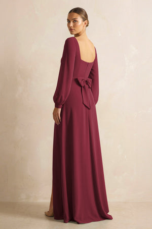 Square Neck Long Sleeves Chiffon Sheath Bridesmaid Dress in Berry (2) | KISSBRIDAL