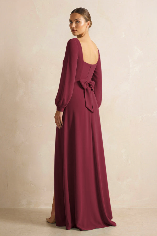 Square Neck Long Sleeves Chiffon Sheath Bridesmaid Dress in Berry (2) | KISSBRIDAL
