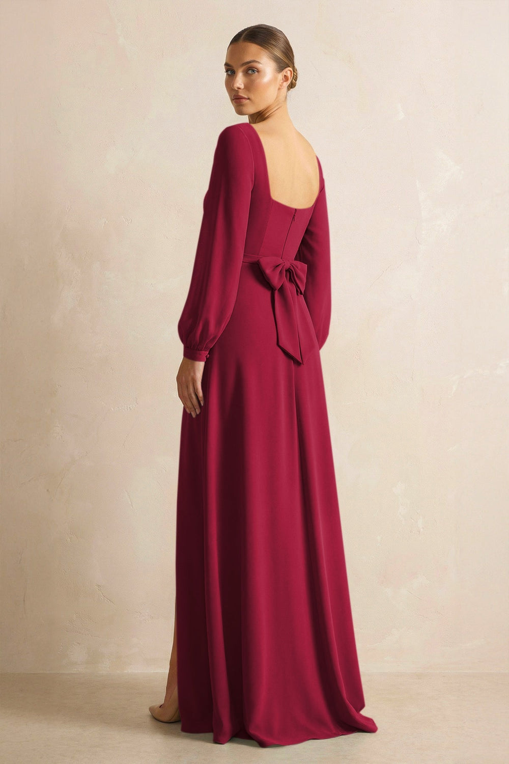 Square Neck Long Sleeves Chiffon Sheath Bridesmaid Dress in Berry - KISS BRIDAL Bridesmaid Dresses