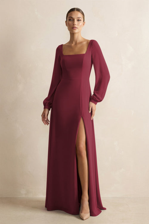 Square Neck Long Sleeves Chiffon Sheath Bridesmaid Dress in Berry | KISSBRIDAL
