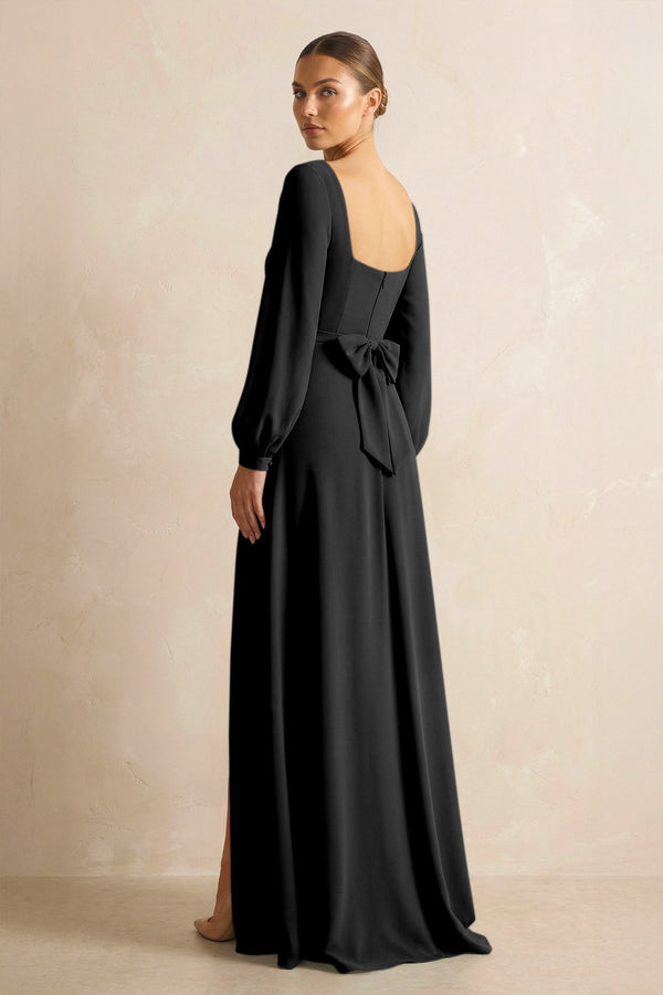 Square Neck Long Sleeves Chiffon Sheath Bridesmaid Dress in Black - SHE IS ME Bridesmaid Dresses