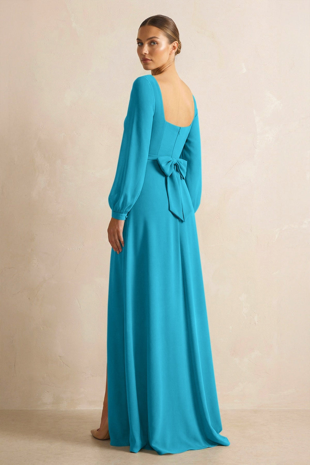 Square Neck Long Sleeves Chiffon Sheath Bridesmaid Dress in Blue Jay - KISS BRIDAL Bridesmaid Dresses