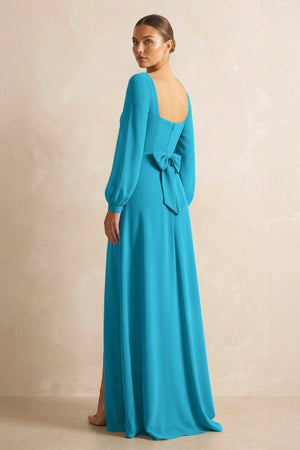 Square Neck Long Sleeves Chiffon Sheath Bridesmaid Dress in Blue Jay - SHE IS ME Bridesmaid Dresses