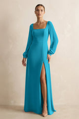 Square Neck Long Sleeves Chiffon Sheath Bridesmaid Dress in Blue Jay - KISS BRIDAL Bridesmaid Dresses