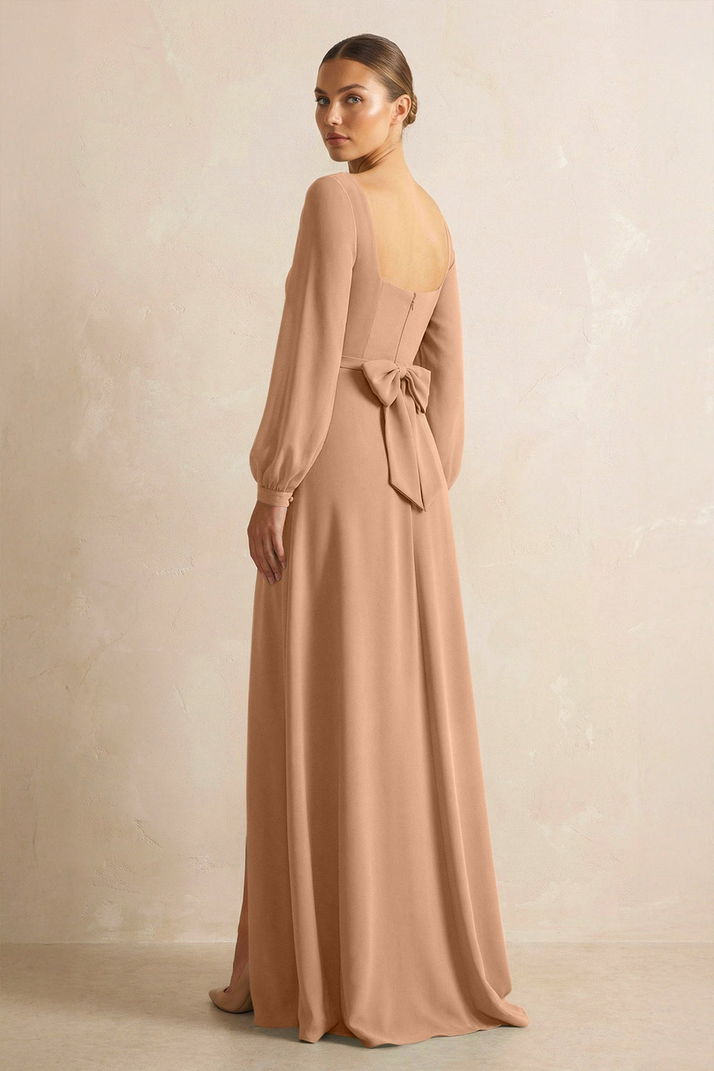 Square Neck Long Sleeves Chiffon Sheath Bridesmaid Dress in Bronzer - KISS BRIDAL Bridesmaid Dresses