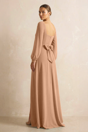 Square Neck Long Sleeves Chiffon Sheath Bridesmaid Dress in Bronzer - SHE IS ME Bridesmaid Dresses
