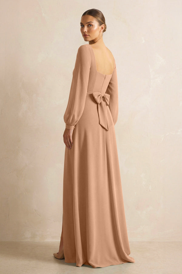 Square Neck Long Sleeves Chiffon Sheath Bridesmaid Dress in Bronzer - SHE IS ME Bridesmaid Dresses