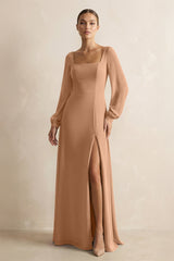 Square Neck Long Sleeves Chiffon Sheath Bridesmaid Dress in Bronzer - KISS BRIDAL Bridesmaid Dresses