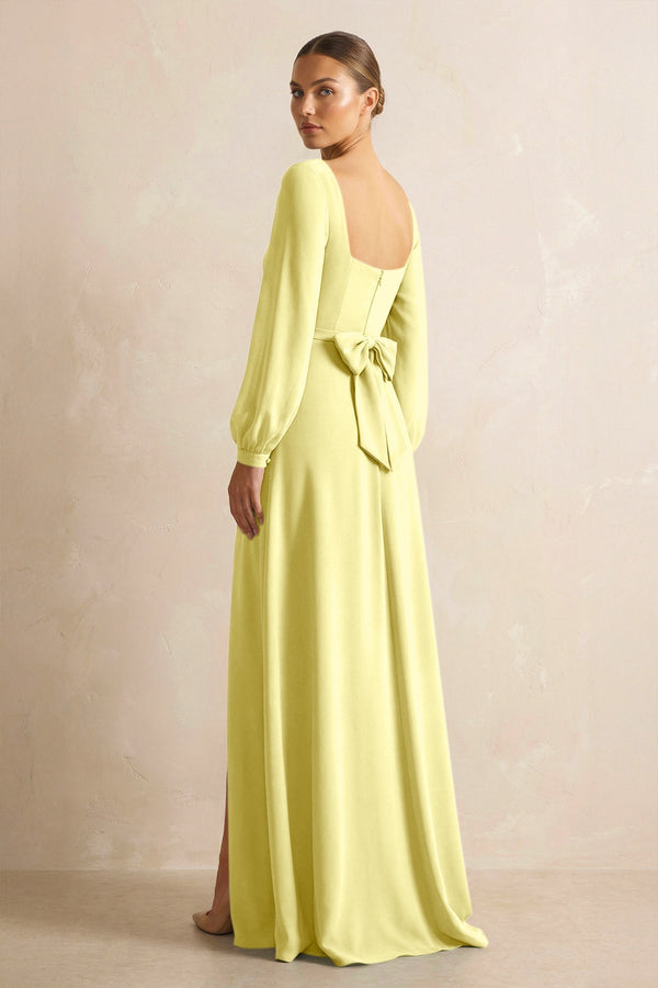 Square Neck Long Sleeves Chiffon Sheath Bridesmaid Dress in Buttercup - SHE IS ME Bridesmaid Dresses