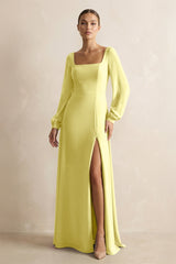 Square Neck Long Sleeves Chiffon Sheath Bridesmaid Dress in Buttercup - KISS BRIDAL Bridesmaid Dresses