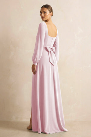Square Neck Long Sleeves Chiffon Sheath Bridesmaid Dress in Candy Pink - SHE IS ME Bridesmaid Dresses