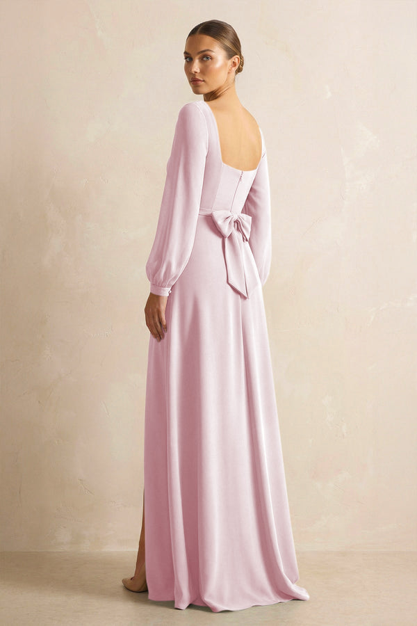 Square Neck Long Sleeves Chiffon Sheath Bridesmaid Dress in Candy Pink - SHE IS ME Bridesmaid Dresses