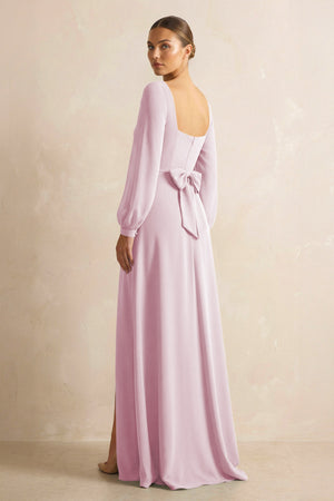 Square Neck Long Sleeves Chiffon Sheath Bridesmaid Dress in Candy Pink (2) | KISSBRIDAL