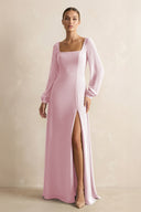 Square Neck Long Sleeves Chiffon Sheath Bridesmaid Dress in Candy Pink - SHE IS ME Bridesmaid Dresses