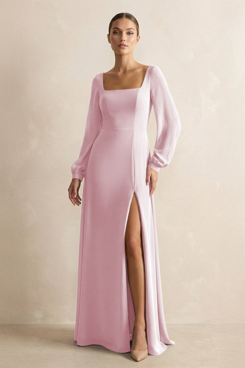 Square Neck Long Sleeves Chiffon Sheath Bridesmaid Dress in Candy Pink - SHE IS ME Bridesmaid Dresses
