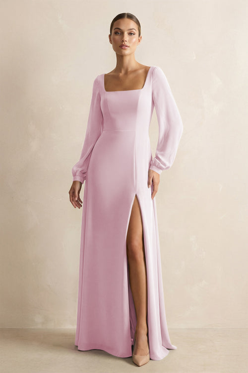 Square Neck Long Sleeves Chiffon Sheath Bridesmaid Dress in Candy Pink | KISSBRIDAL