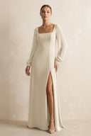 Square Neck Long Sleeves Chiffon Sheath Bridesmaid Dress in Champagne - SHE IS ME Bridesmaid Dresses