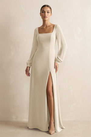 Square Neck Long Sleeves Chiffon Sheath Bridesmaid Dress in Champagne - SHE IS ME Bridesmaid Dresses
