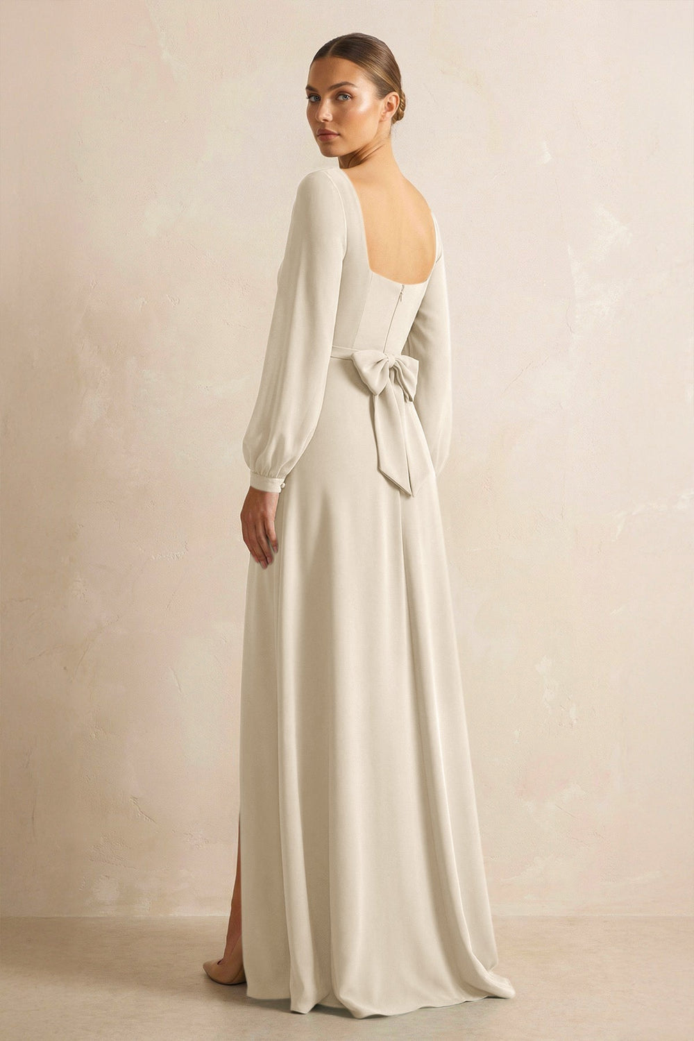 Square Neck Long Sleeves Chiffon Sheath Bridesmaid Dress in Champagne - KISS BRIDAL Bridesmaid Dresses
