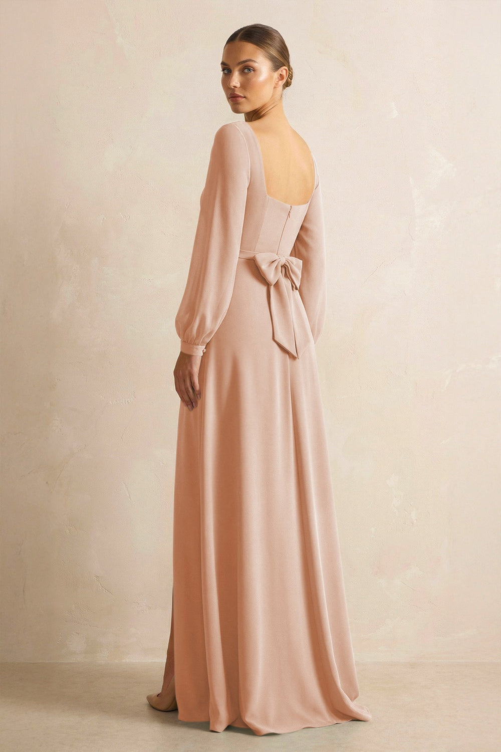Square Neck Long Sleeves Chiffon Sheath Bridesmaid Dress in Champagne Rose - SHE IS ME Bridesmaid Dresses