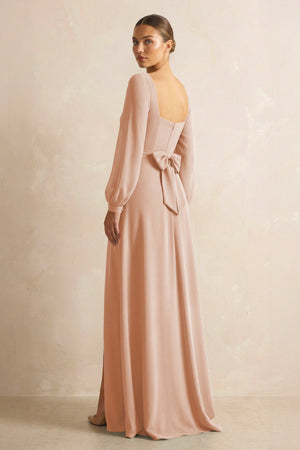 Square Neck Long Sleeves Chiffon Sheath Bridesmaid Dress in Champagne Rose - SHE IS ME Bridesmaid Dresses