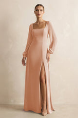 Square Neck Long Sleeves Chiffon Sheath Bridesmaid Dress in Champagne Rose - KISS BRIDAL Bridesmaid Dresses
