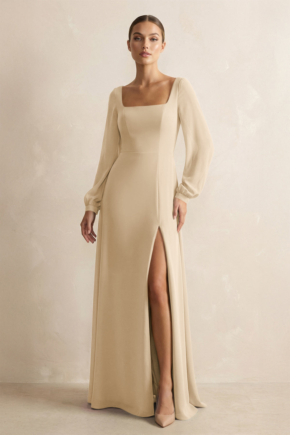 Square Neck Long Sleeves Chiffon Sheath Bridesmaid Dress in Champagne