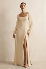 Square Neck Long Sleeves Chiffon Sheath Bridesmaid Dress in Champagne | KISSBRIDAL