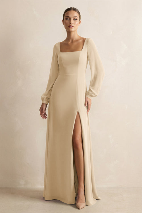 Square Neck Long Sleeves Chiffon Sheath Bridesmaid Dress in Champagne | KISSBRIDAL