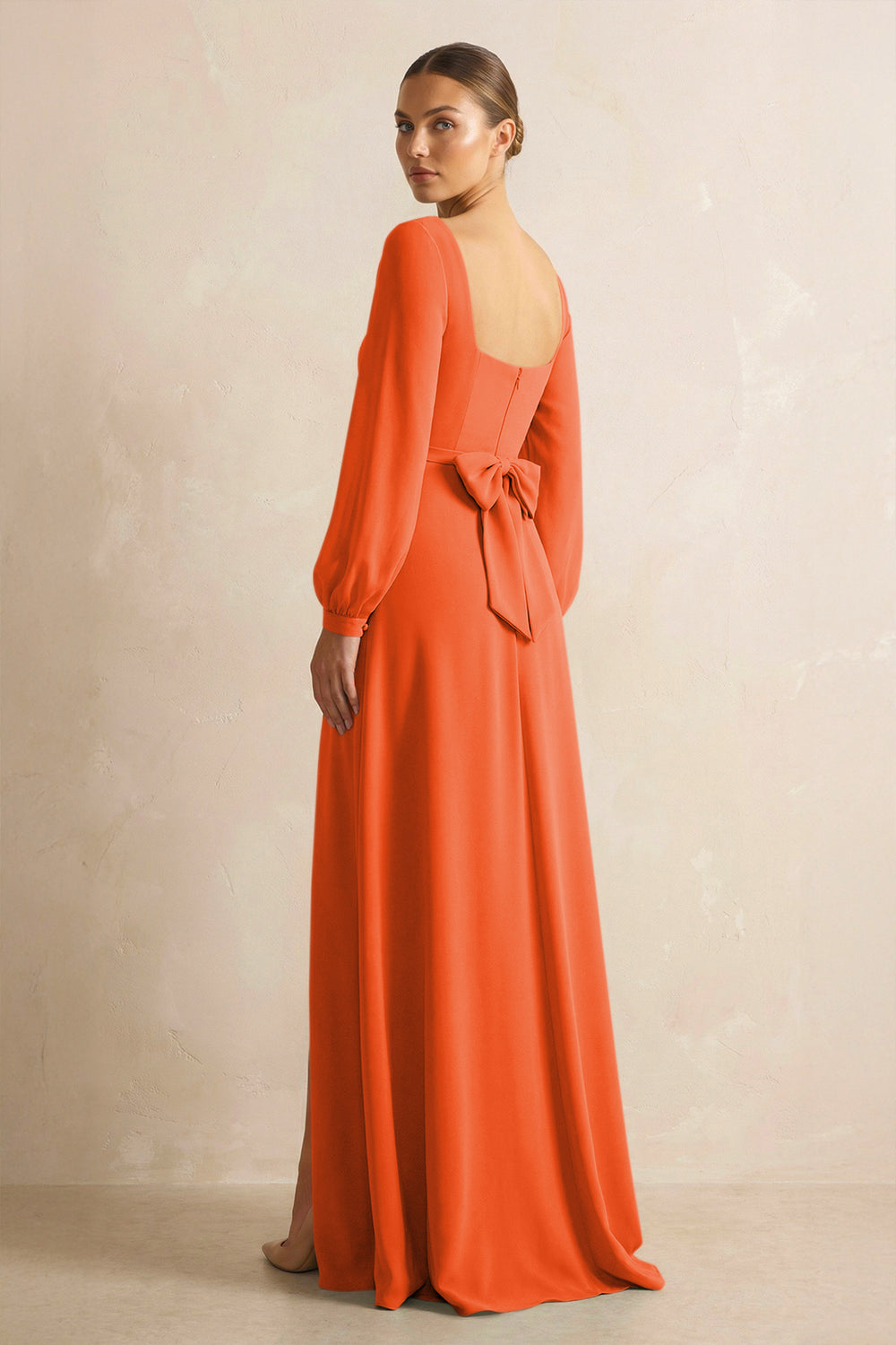 Square Neck Long Sleeves Chiffon Sheath Bridesmaid Dress in Cinnamon