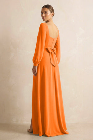 Square Neck Long Sleeves Chiffon Sheath Bridesmaid Dress in Cinnamon - SHE IS ME Bridesmaid Dresses