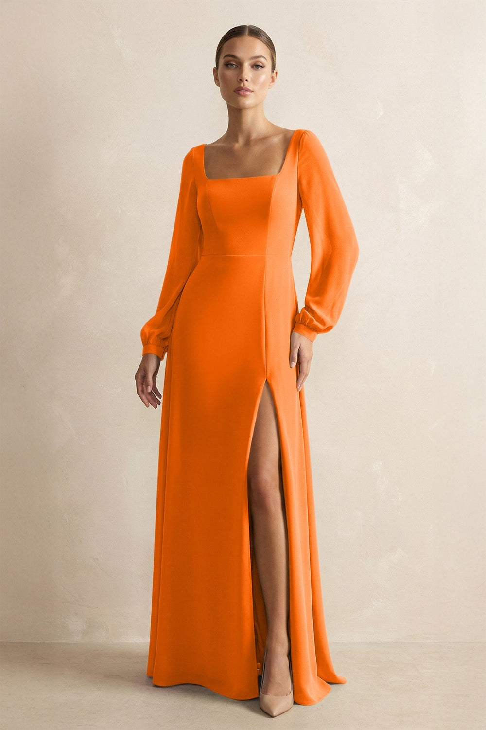 Square Neck Long Sleeves Chiffon Sheath Bridesmaid Dress in Cinnamon - KISS BRIDAL Bridesmaid Dresses