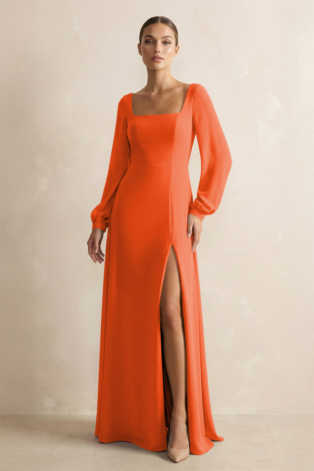 Square Neck Long Sleeves Chiffon Sheath Bridesmaid Dress in Cinnamon