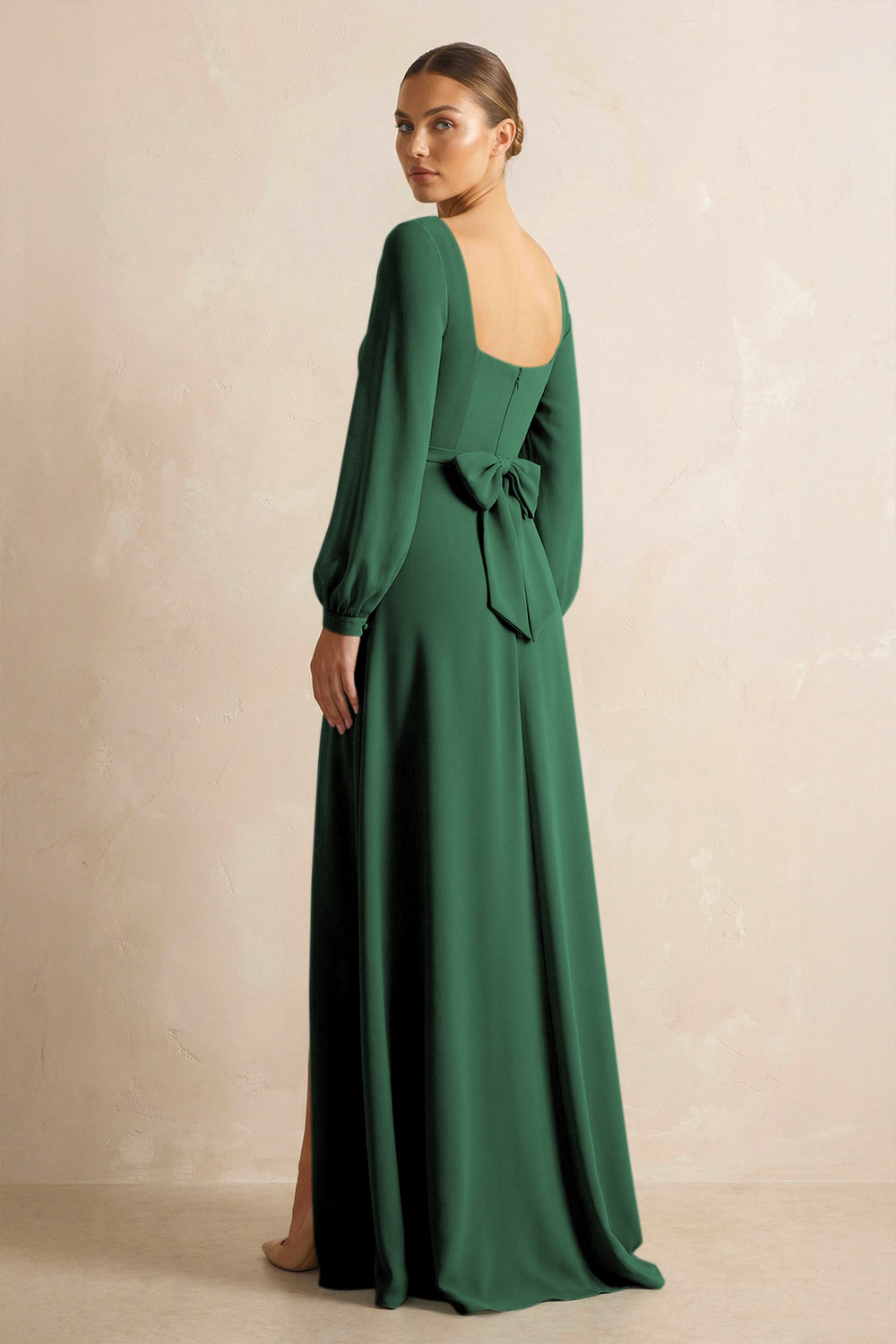 Square Neck Long Sleeves Chiffon Sheath Bridesmaid Dress in Dark Green